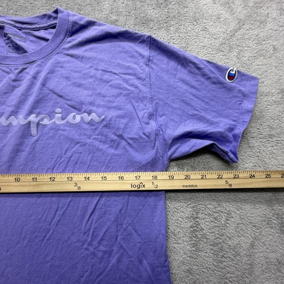 Champion Shirt Mens Medium Purple Script Logo Authentic Athleticwear Tee Cotton - Picture 3 of 6